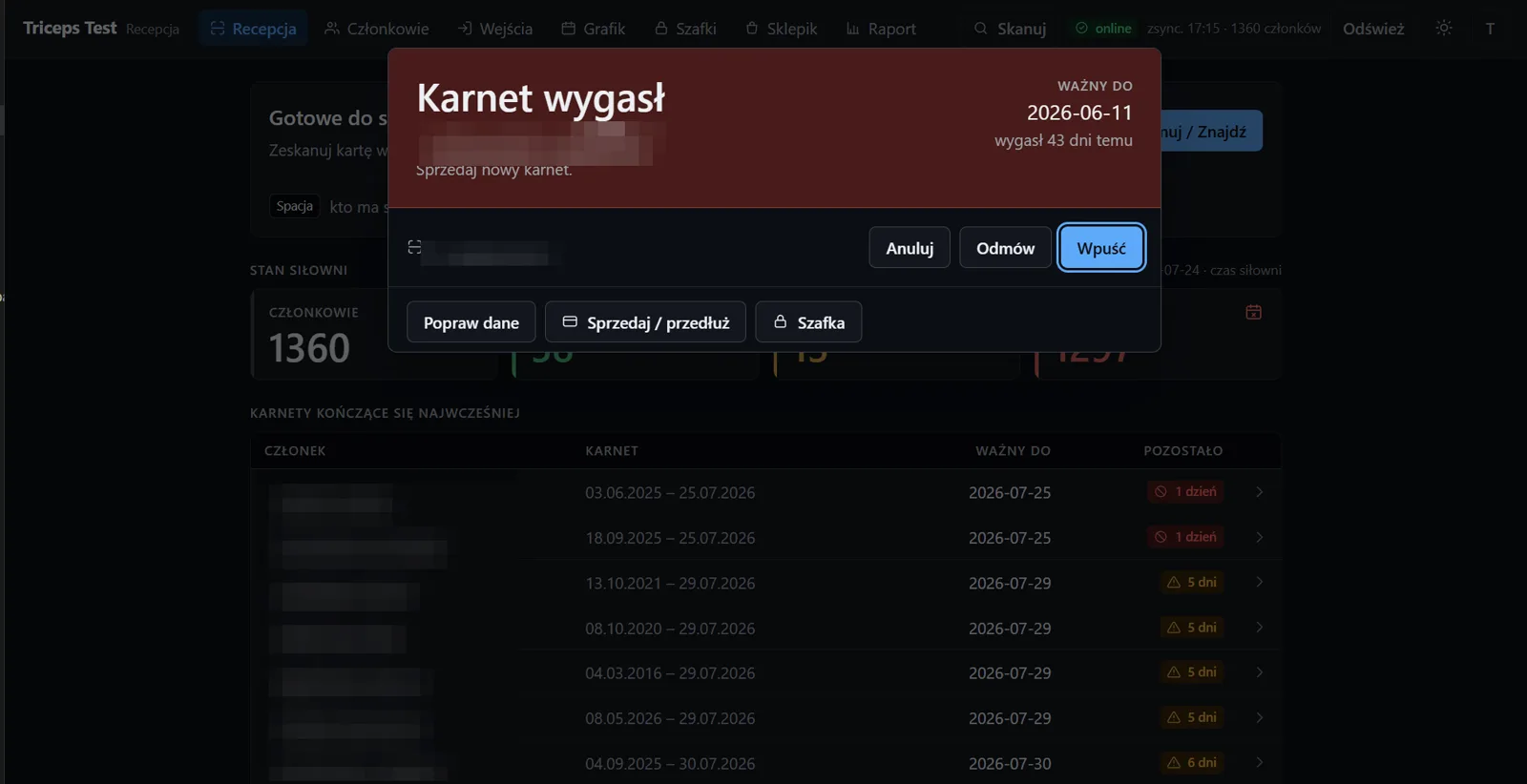 Okno wyniku skanowania w Gymlytic: karnet wygasł, z przyciskami Sprzedaj/przedłuż, Odmów i Wpuść